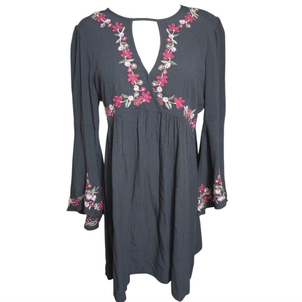 American Eagle Outfitters Black Embroudered Bell Sleeve Mini Dress